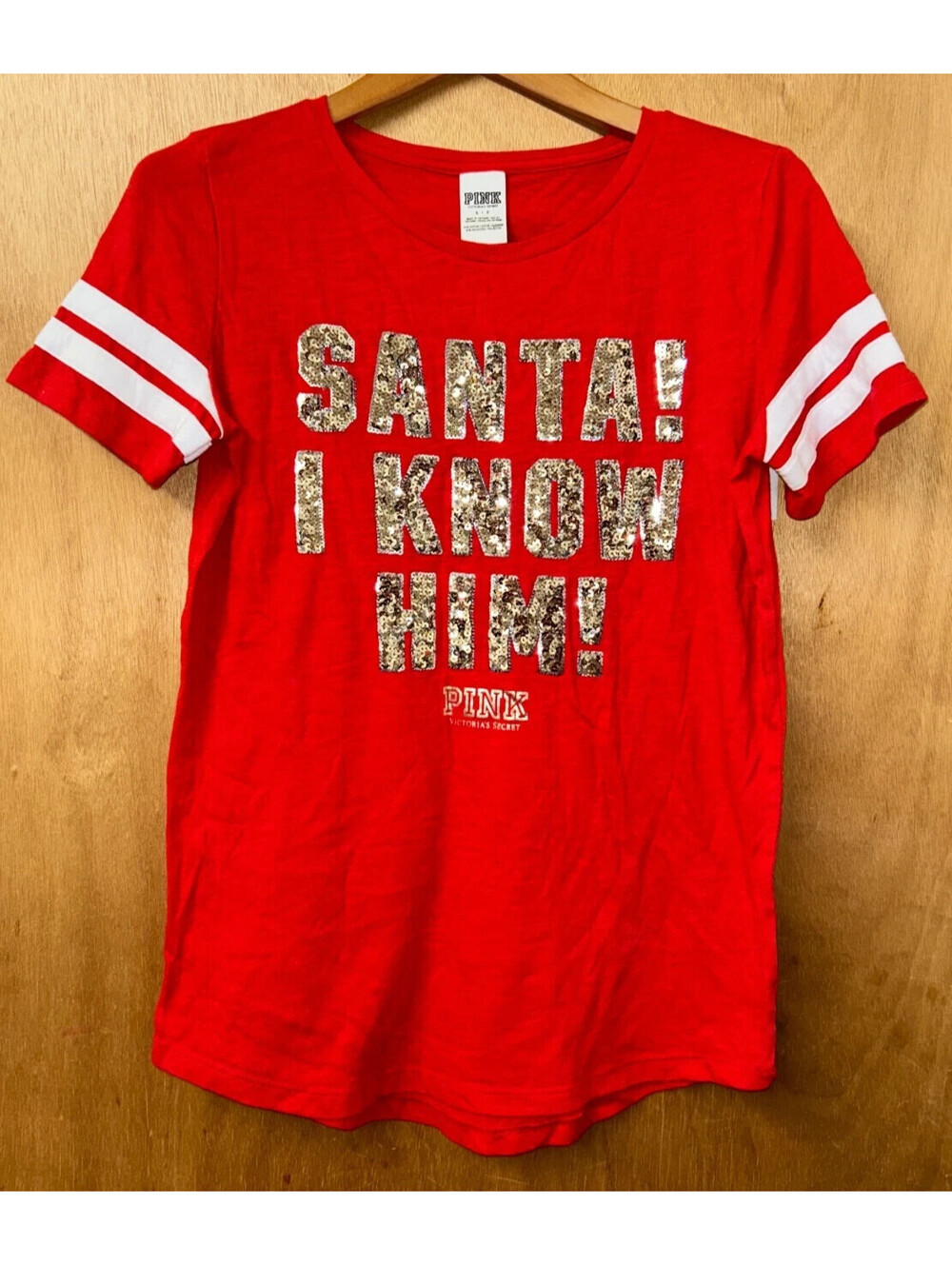 Victoria Secret Pink Women's Small Red Santa I Know Him T-Shirt